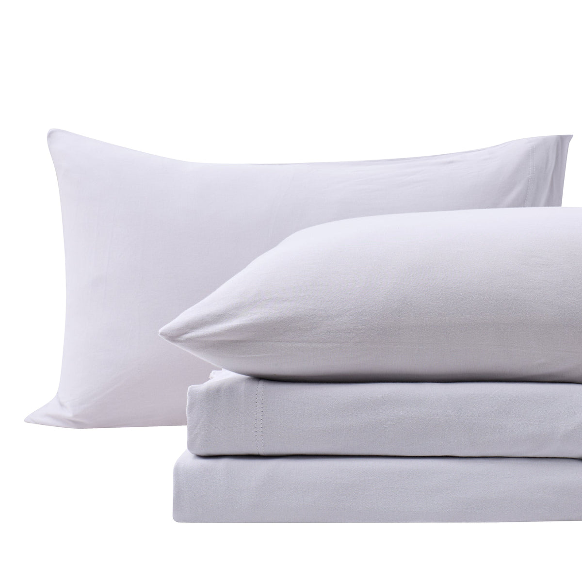 Close-up of Fog Grey cotton jersey-knit pillowcases and matching sheet fabric.