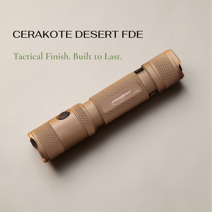Powertac M5 Gen3 flashlight in Flat Dark Earth finish, angled close-up