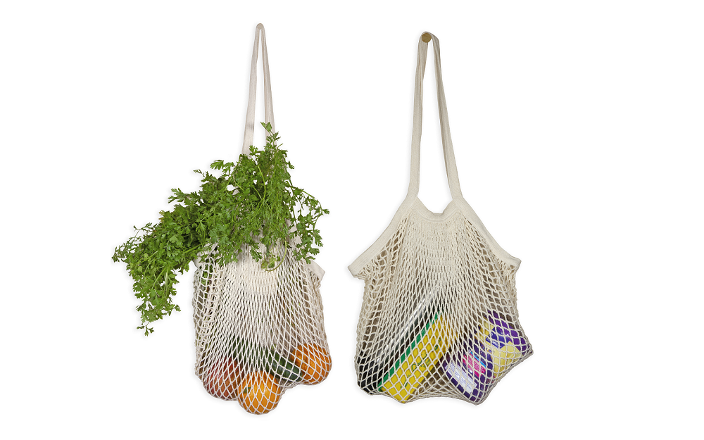 Two cotton mesh shopping bags displaying example contents; select your pack size