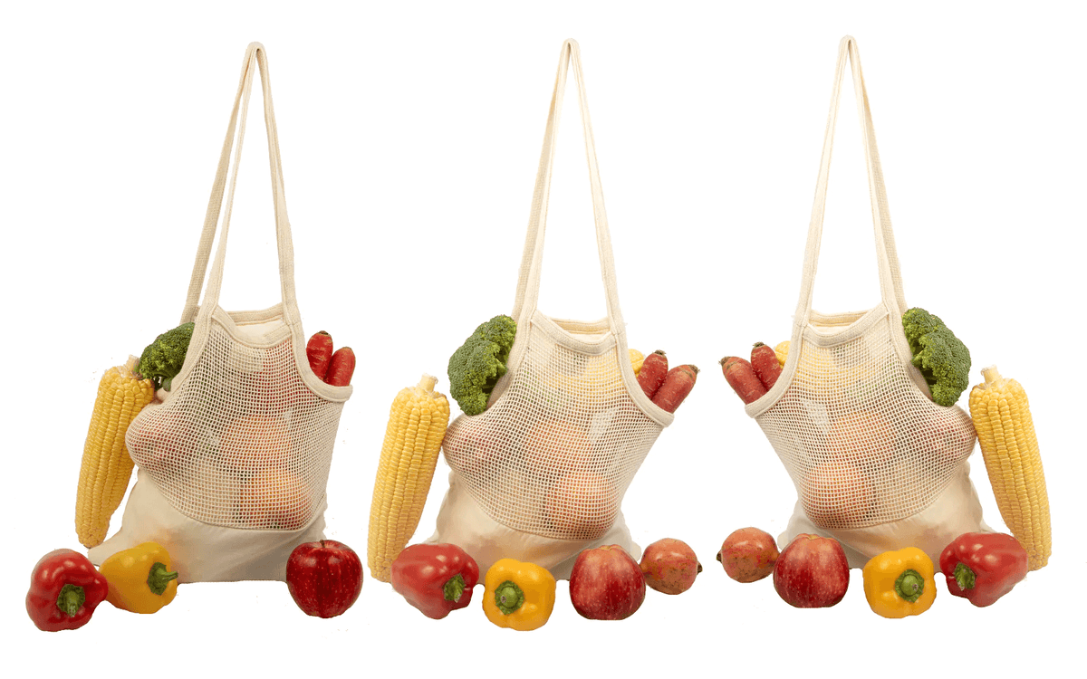 Three cotton mesh totes displayed together to show the three-bag pack; groceries are not included.