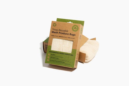 Mesh produce-bag gift box with cream mesh bags on a white background.
