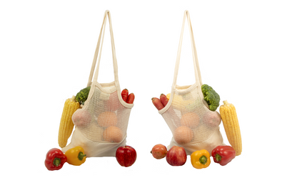Two cotton mesh totes displayed with groceries to show the two-bag pack; produce is not included.
