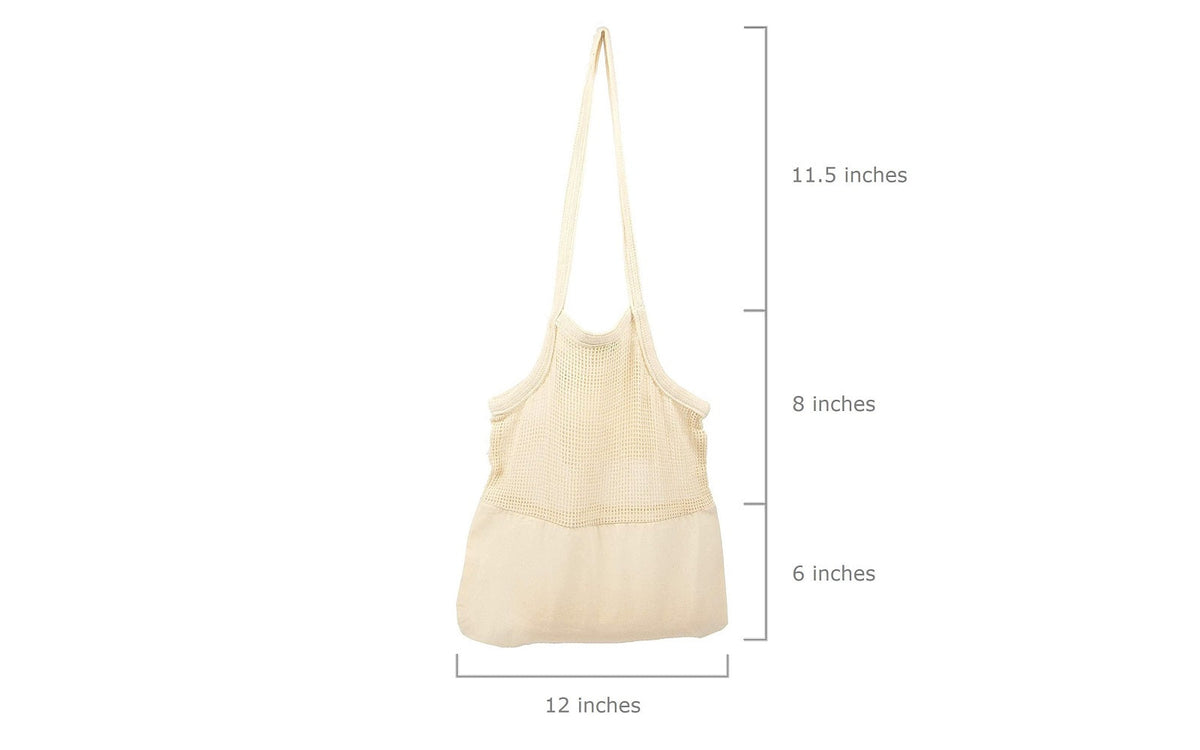 Supplier size diagram: tote width 12 inches, mesh section 8 inches, fabric base 6 inches and handle drop 11.5 inches.
