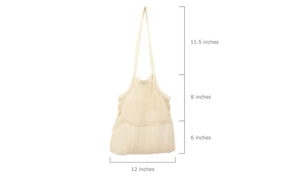 Supplier size diagram: tote width 12 inches, mesh section 8 inches, fabric base 6 inches and handle drop 11.5 inches.