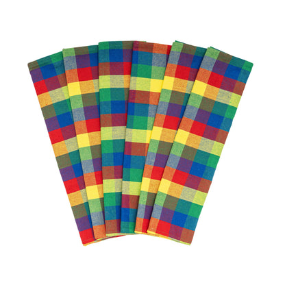 Six multicolor plaid kitchen towels.