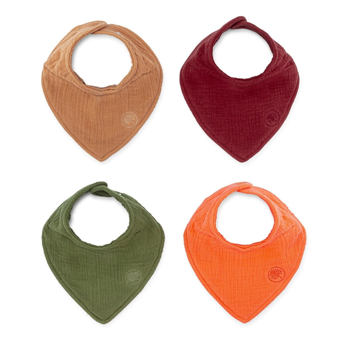 Four Estes muslin bandana bibs in tan, burgundy, green and orange.