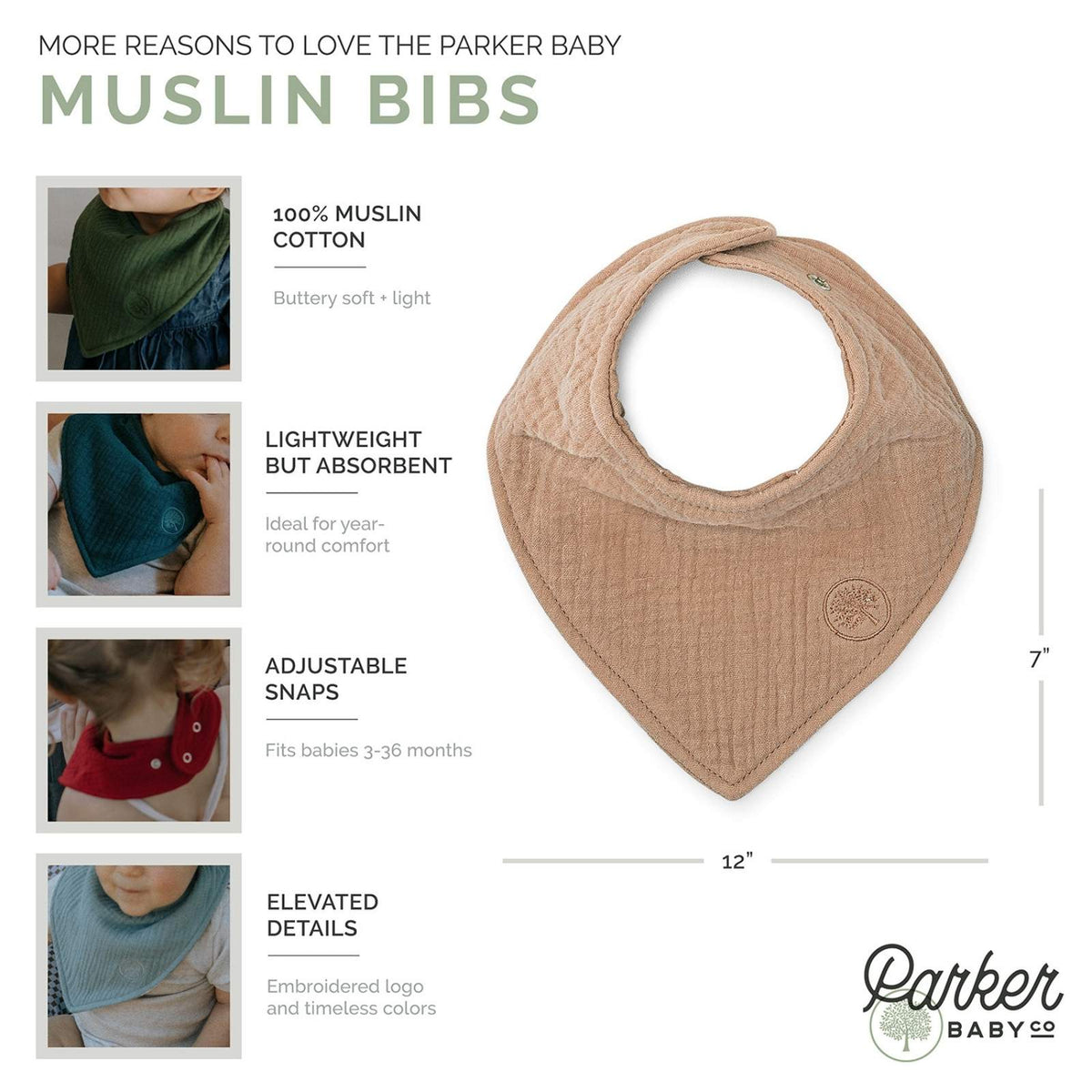 Supplier product-details graphic showing muslin fabric and adjustable snaps on an Estes bib.
