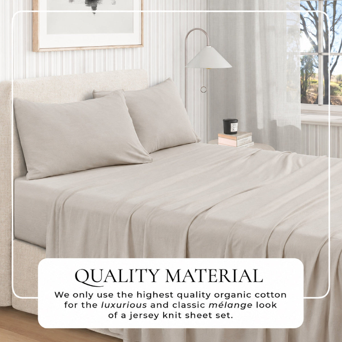 Great Bay Home quality-material graphic for Sand jersey-knit sheets; the text says the fabric uses high-quality organic cotton for a luxurious mélange look.