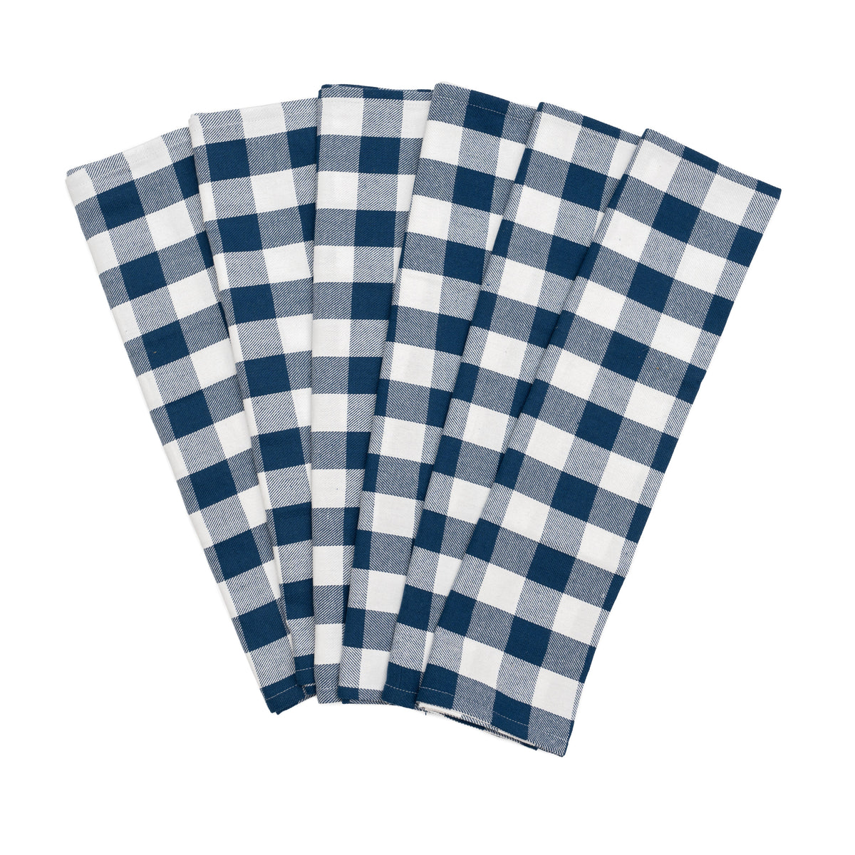 Six navy-and-white plaid cotton kitchen towels arranged in a fan.