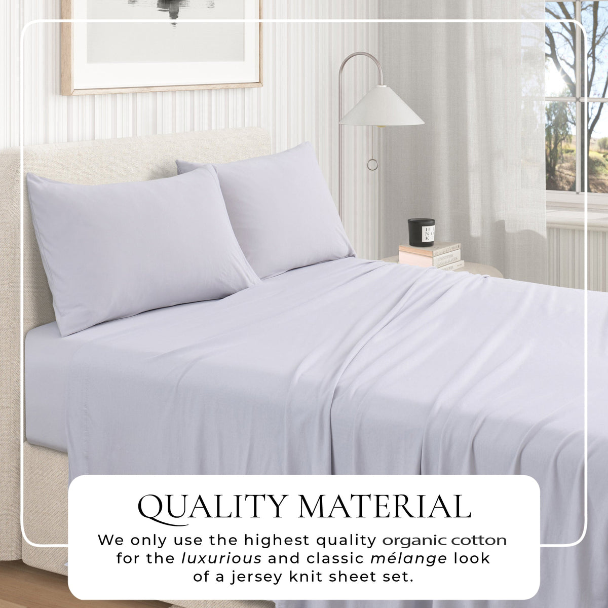 Great Bay Home quality-material graphic for Fog Grey jersey-knit sheets; the text says the fabric uses high-quality organic cotton for a luxurious mélange look.
