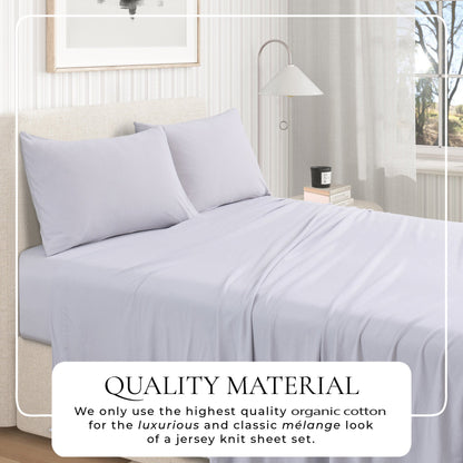 Great Bay Home quality-material graphic for Fog Grey jersey-knit sheets; the text says the fabric uses high-quality organic cotton for a luxurious mélange look.