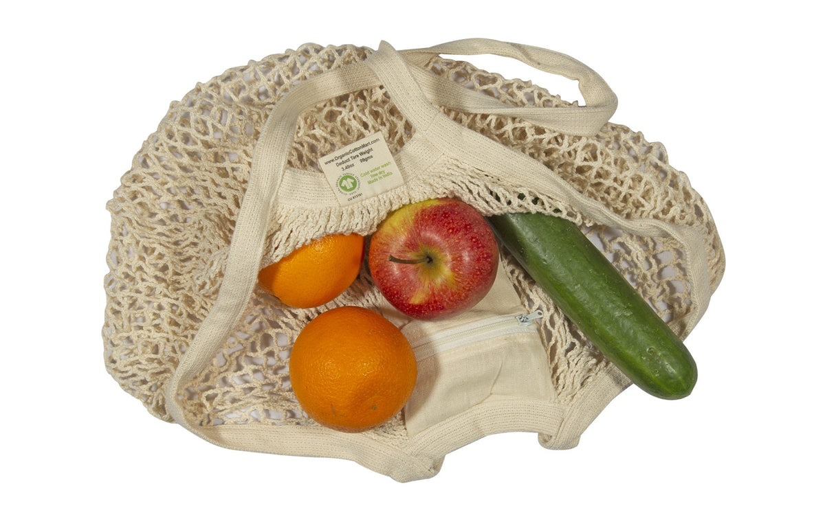 Cotton mesh bag and fabric handles seen from above