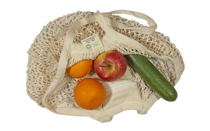 Cotton mesh bag and fabric handles seen from above