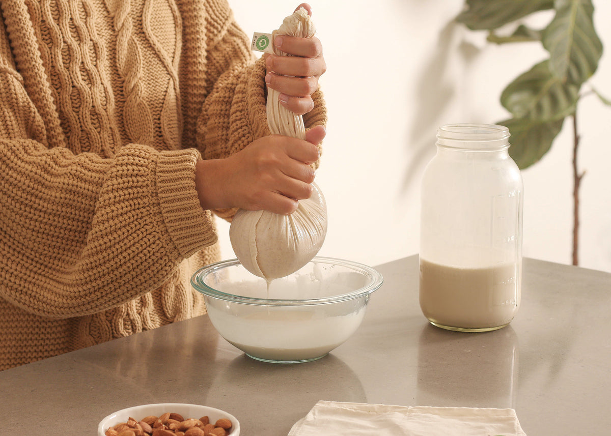 Cotton bag used to strain nut milk; bowl and ingredients not included