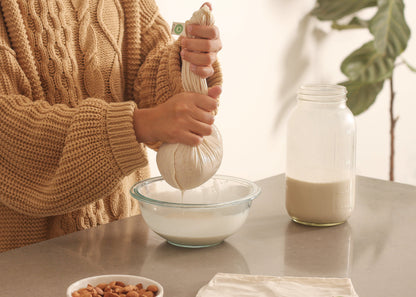 Cotton bag used to strain nut milk; bowl and ingredients not included