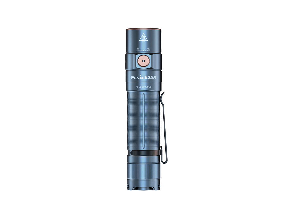 Glacier Blue Fenix E35R flashlight shown upright with the side switch facing forward.