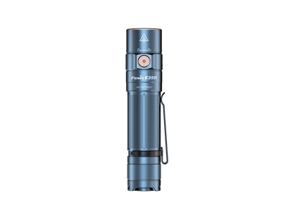 Glacier Blue Fenix E35R flashlight shown upright with the side switch facing forward.
