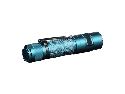 Graffiti-finish Fenix E35R flashlight shown horizontally from the side.