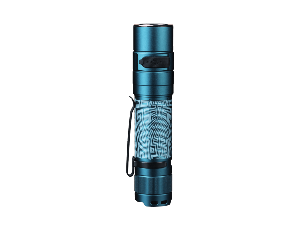 Graffiti-finish Fenix E35R flashlight shown upright with its patterned body.