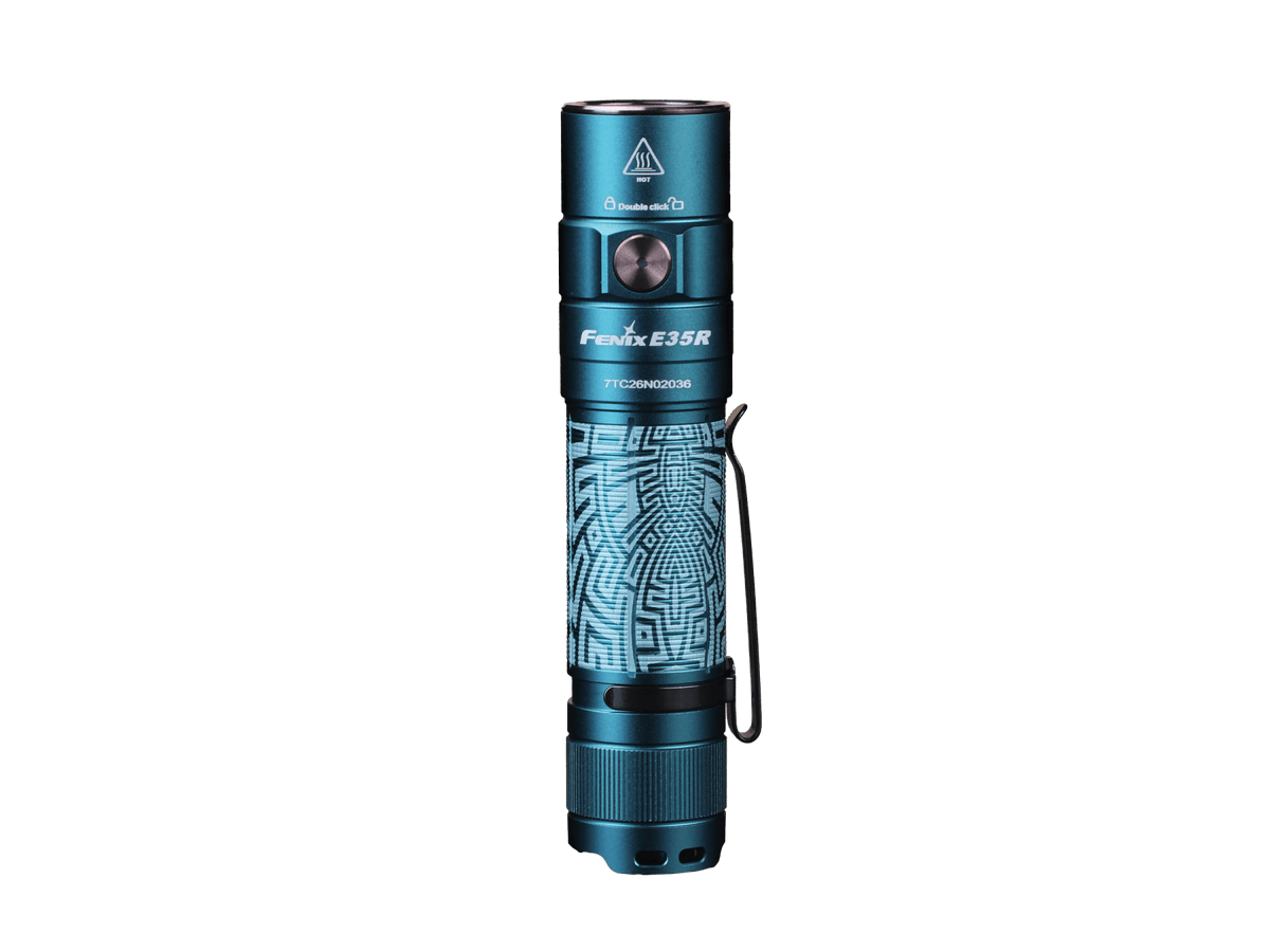 Graffiti-finish Fenix E35R flashlight shown upright with the side switch facing forward.