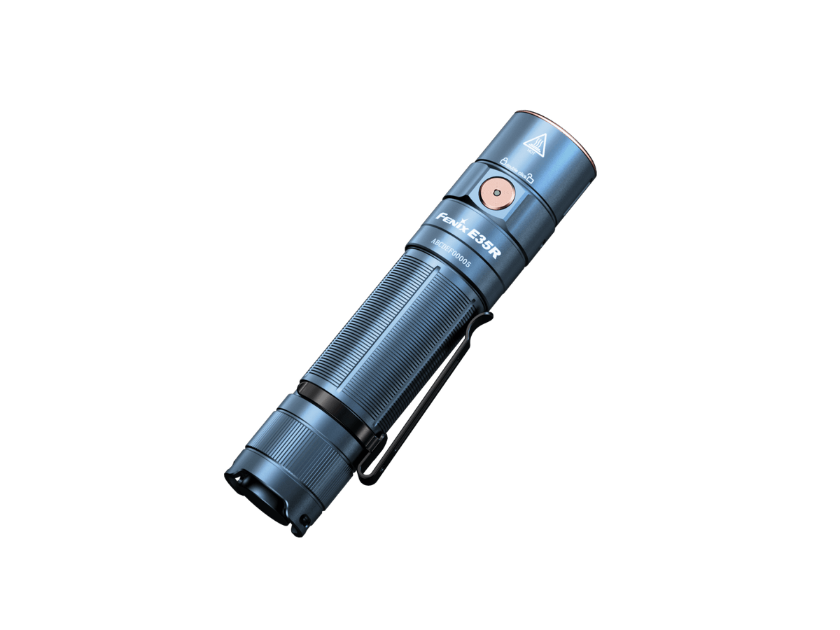 Glacier Blue Fenix E35R flashlight shown at a diagonal angle.