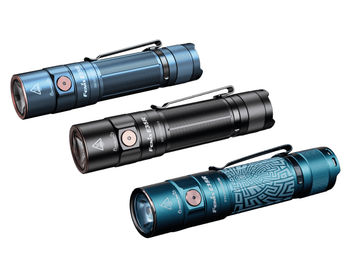 Fenix E35R flashlights shown in Black, Glacier Blue, and Graffiti finishes.