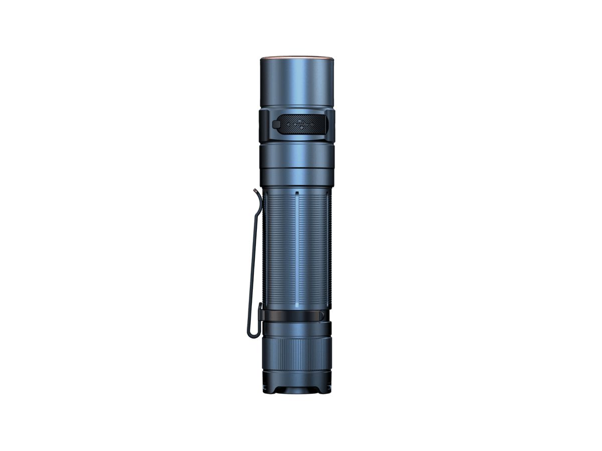 Glacier Blue Fenix E35R flashlight shown upright from the rear with pocket clip.