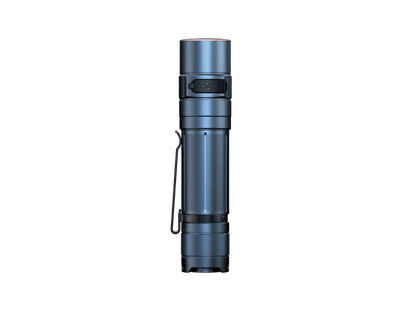 Glacier Blue Fenix E35R flashlight shown upright from the rear with pocket clip.
