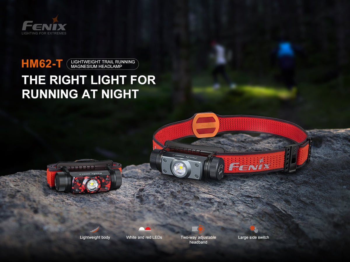 Black and Magma HM62-T headlamps on rock with a nighttime trail-running banner.