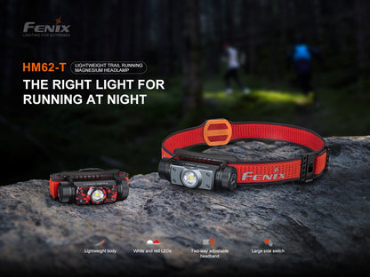 Black and Magma HM62-T headlamps on rock with a nighttime trail-running banner.