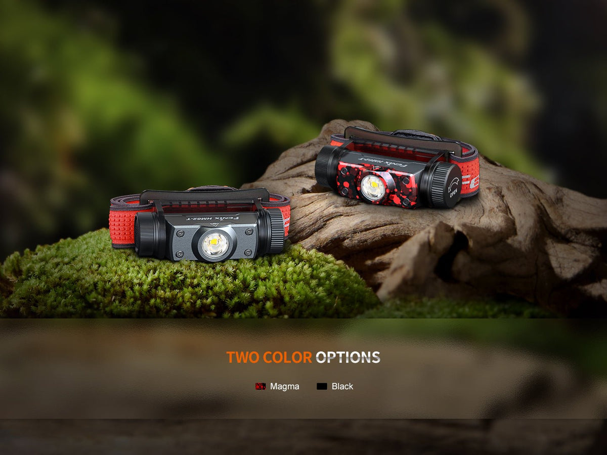 Black and Magma HM62-T headlamps on moss and rock with a two-color-options label.