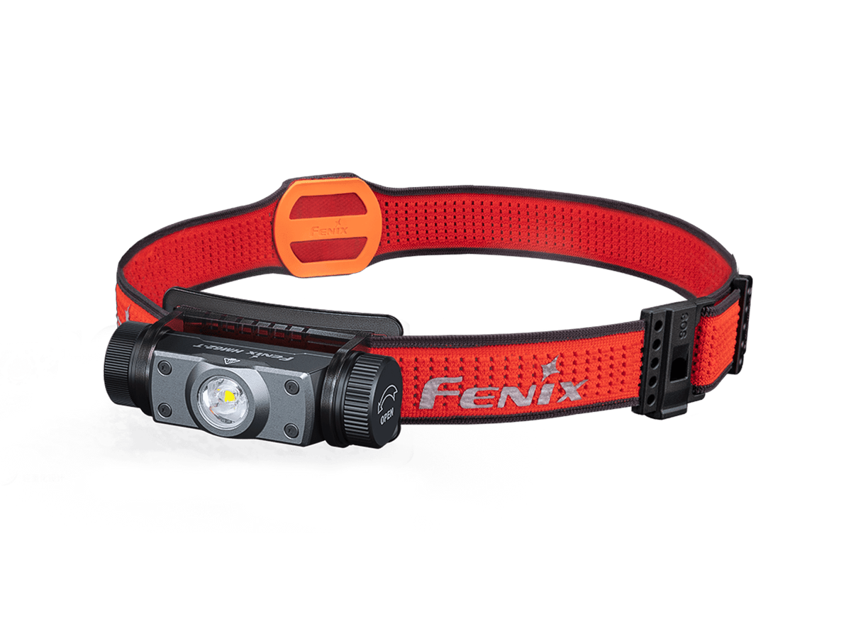 Black HM62-T headlamp with red SPORT headband in a three-quarter view.
