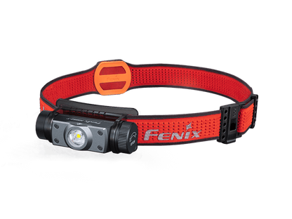 Black HM62-T headlamp with red SPORT headband in a three-quarter view.