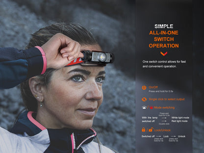 Close-up of a wearer operating the headlamp switch beside a guide for white and red modes.