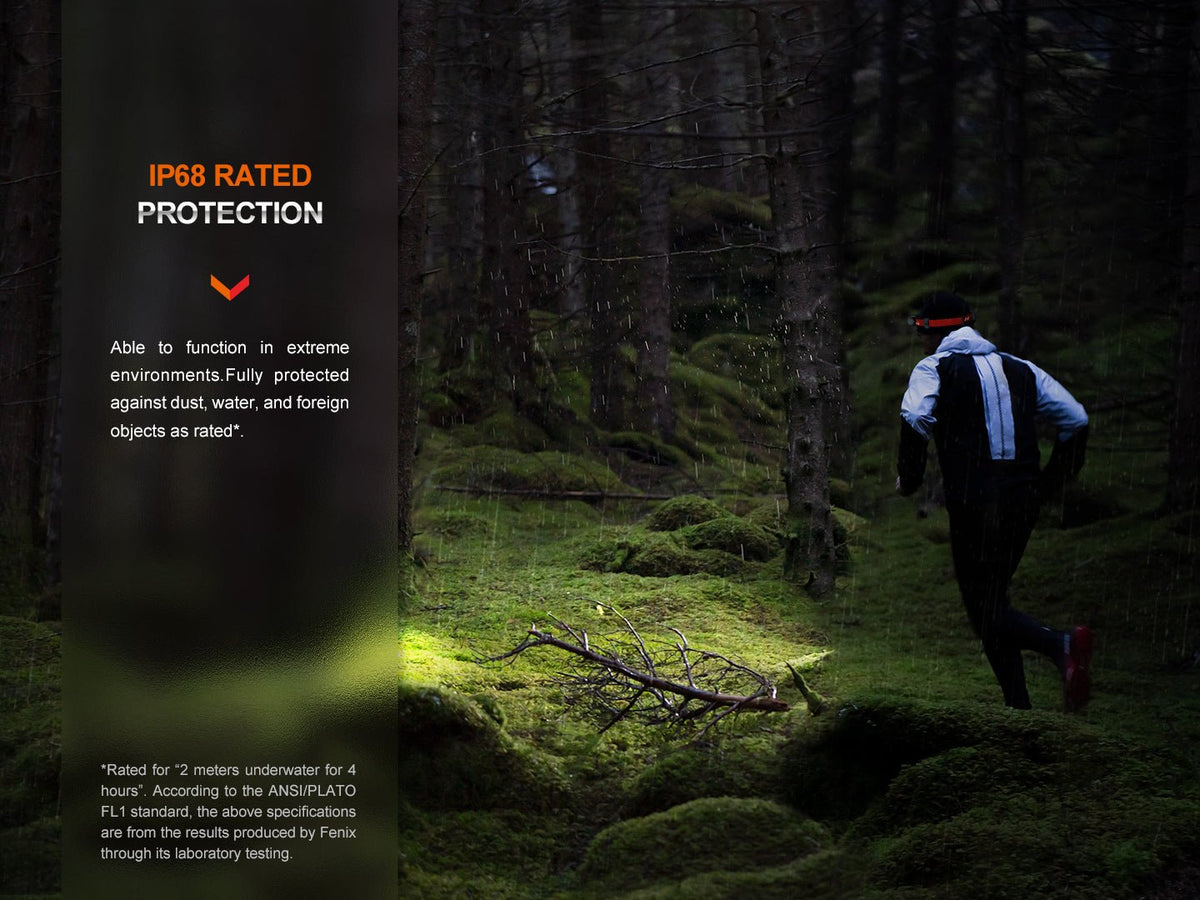 Hiker wearing the HM62-T in a rainy forest beside an IP68 protection graphic.
