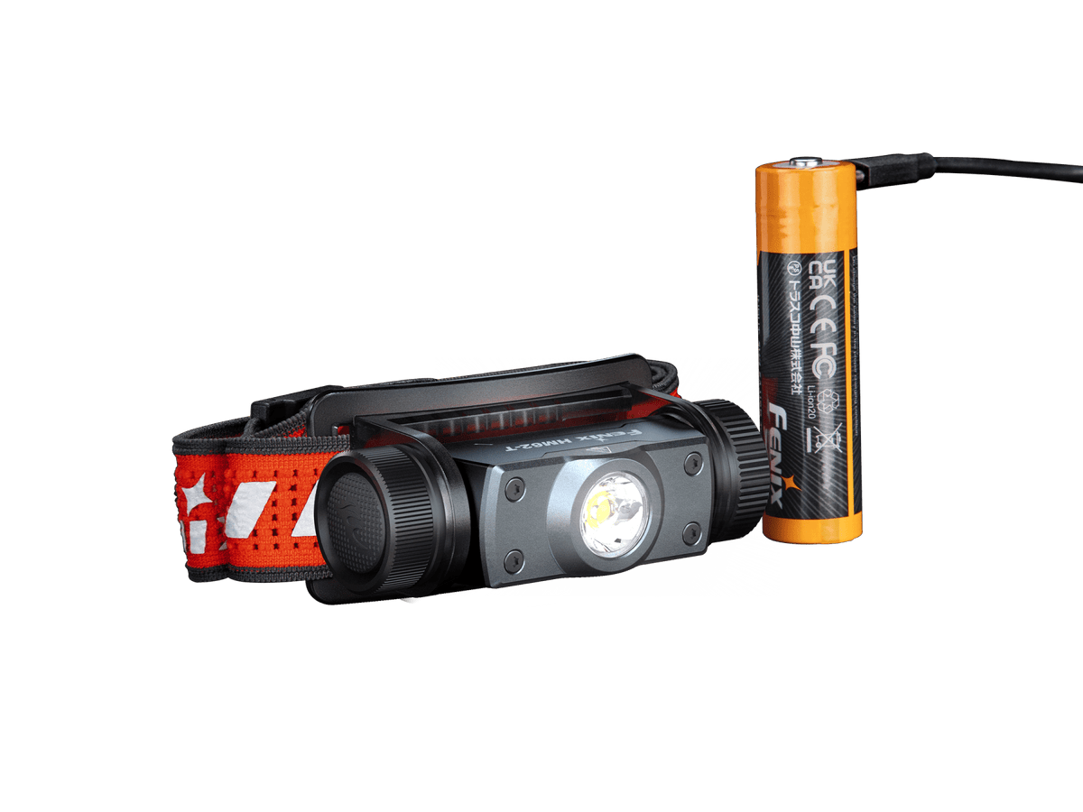 Magma HM62-T headlamp shown beside the rechargeable battery and USB-C cable.