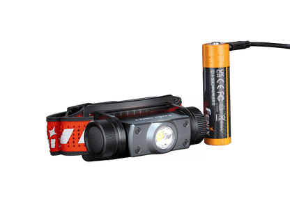 Magma HM62-T headlamp shown beside the rechargeable battery and USB-C cable.
