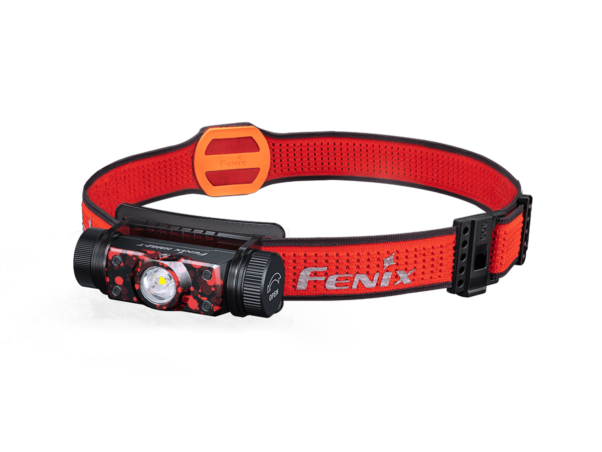 Magma HM62-T headlamp with red SPORT headband in a three-quarter view.