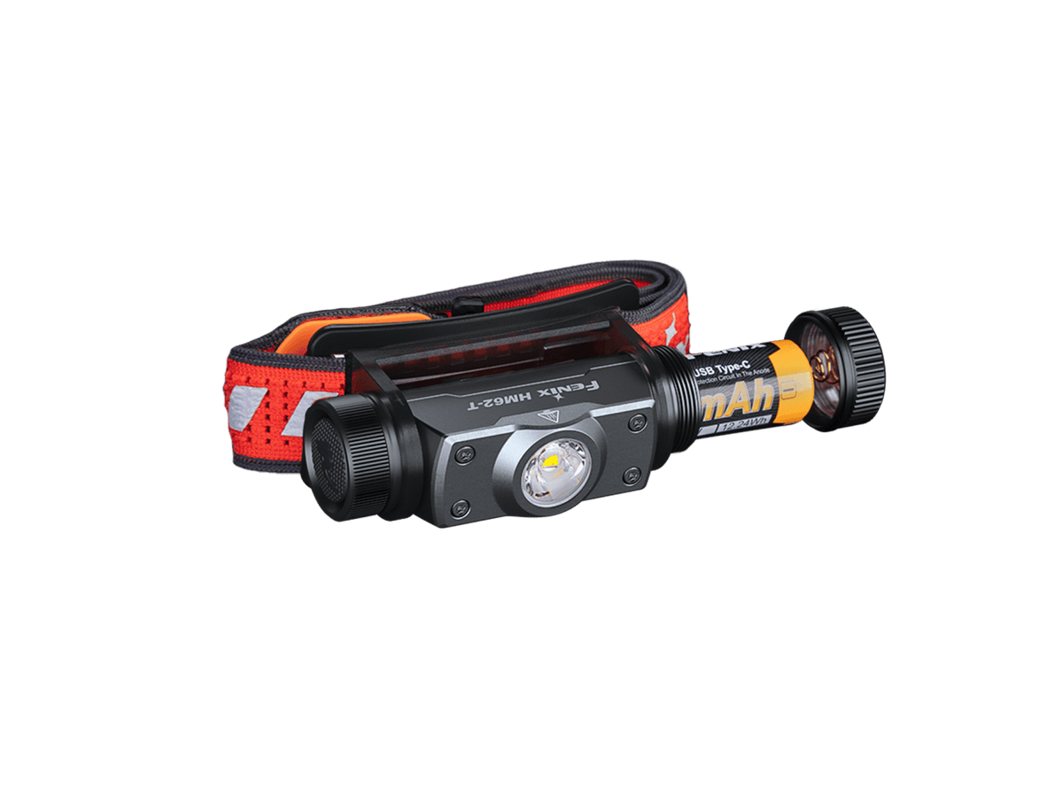 Magma HM62-T headlamp with its rechargeable battery partly removed.