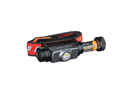 Magma HM62-T headlamp with its rechargeable battery partly removed.