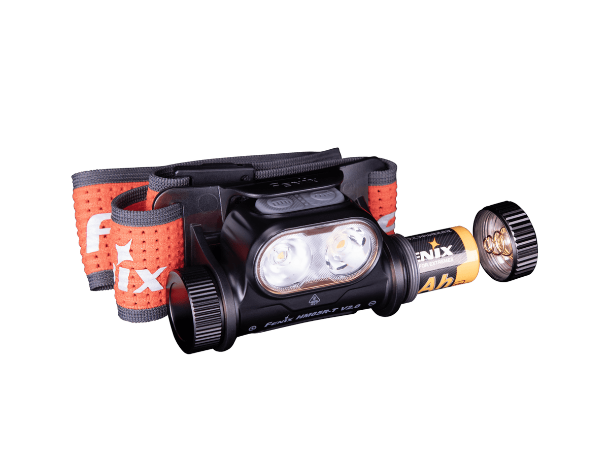 Black HM65R-T V2 headlamp and separate rechargeable battery detail.