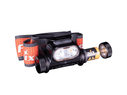 Black HM65R-T V2 headlamp and separate rechargeable battery detail.
