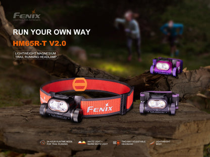 Black and purple-finish HM65R-T V2 headlamps in an outdoor product scene.