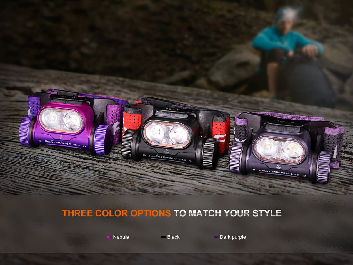 HM65R-T V2 color comparison: Nebula on left, Black in middle, Dark Purple on right; one selected headlamp kit is sold.