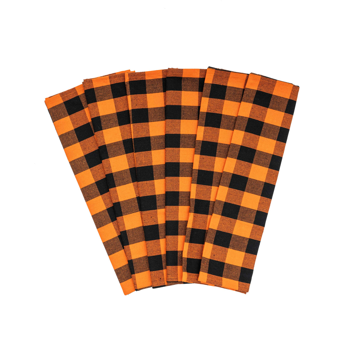 Six orange-and-black plaid cotton kitchen towels.