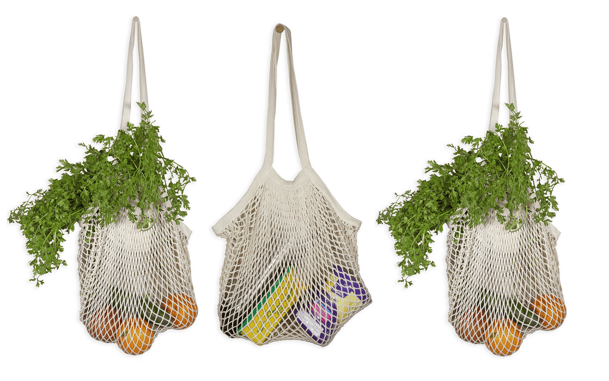 Three cotton mesh shopping bags displaying example contents; select your pack size