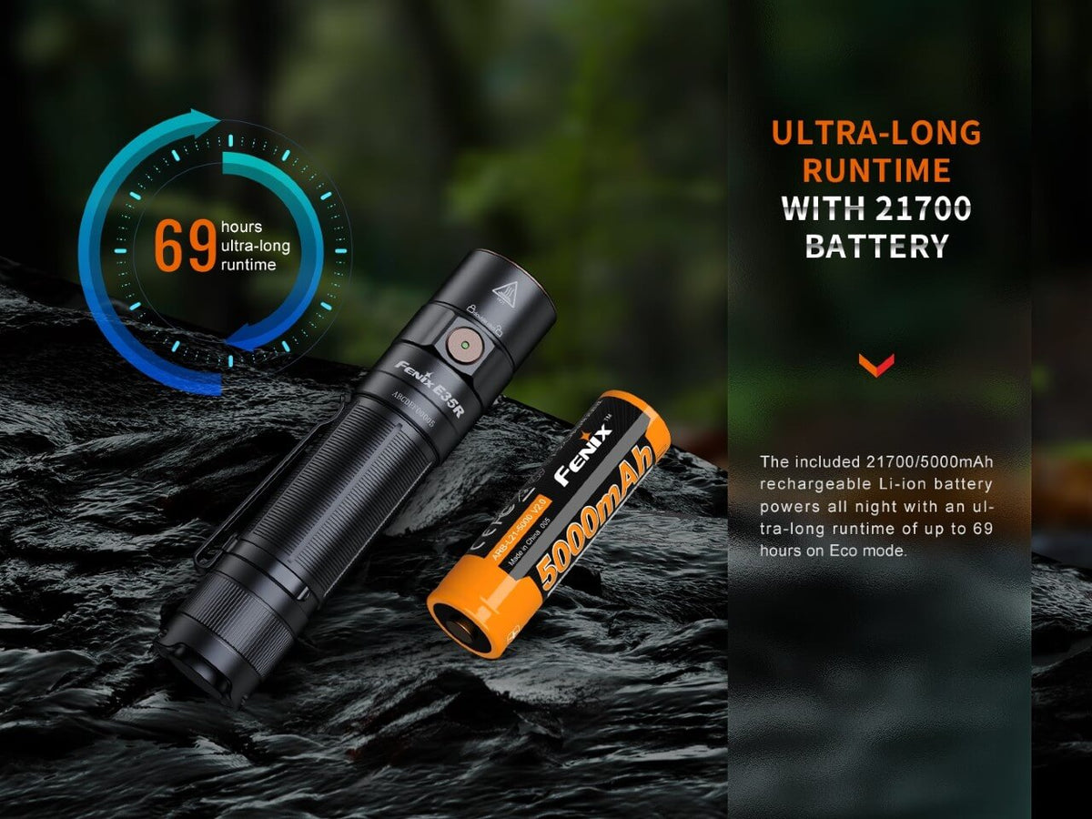 Fenix E35R with its 21700/5000 mAh battery; up to 69 hours is the 30-lumen Eco mode.
