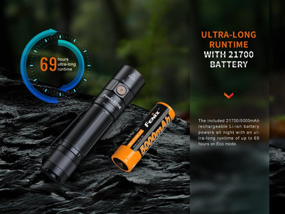 Fenix E35R with its 21700/5000 mAh battery; up to 69 hours is the 30-lumen Eco mode.