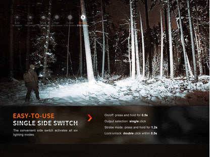 Black Fenix E35R shown in a winter outdoor scene with its single side switch.