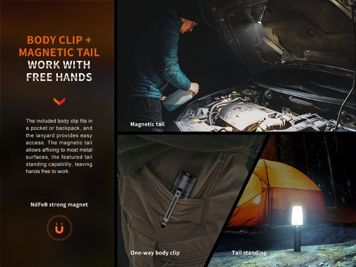 Fenix E35R features a one-way body clip and magnetic tail for hands-free placement.